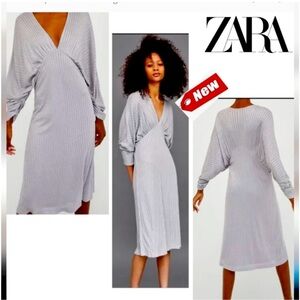 Zara  gray silver metallic glitter knit wing sleeve V neck midi dress Sz M NWT